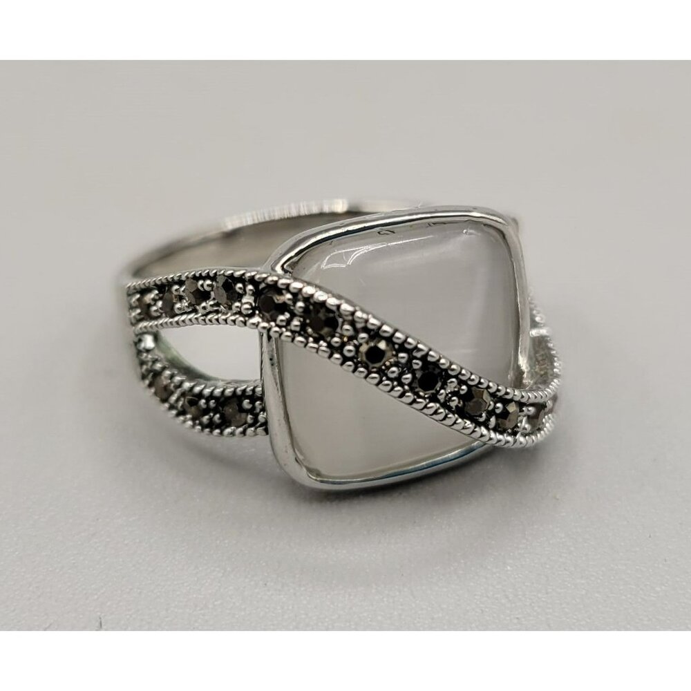 Moonstone Marcasite Bypass Band Ring 18K RGP Size 8.5 Women's Ladies Ring